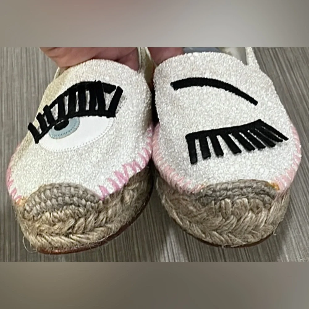 Chiara Ferragni Espadrille Jute Platforms w/ Winking Eye White  Glitter Size 5